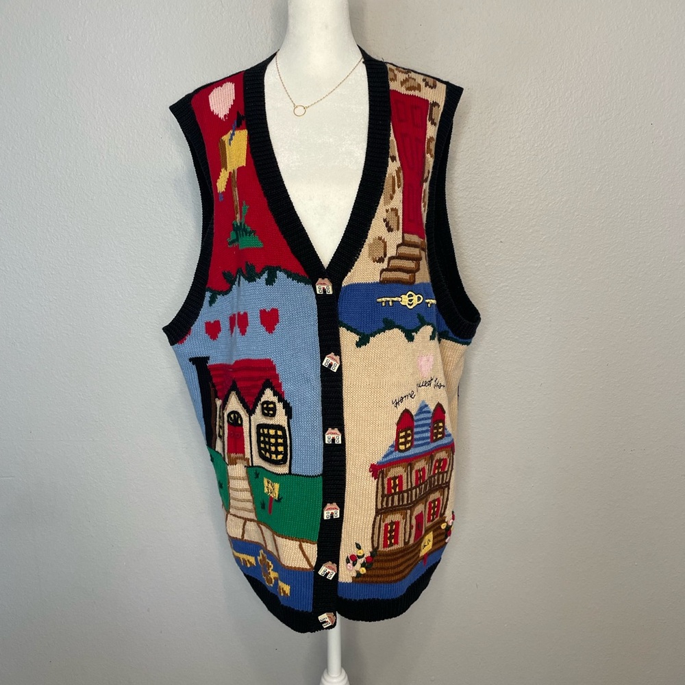 VINTAGE Eagles Eye 1995 Home Sweet Home Sweater Vest Women's 3X House buttons
